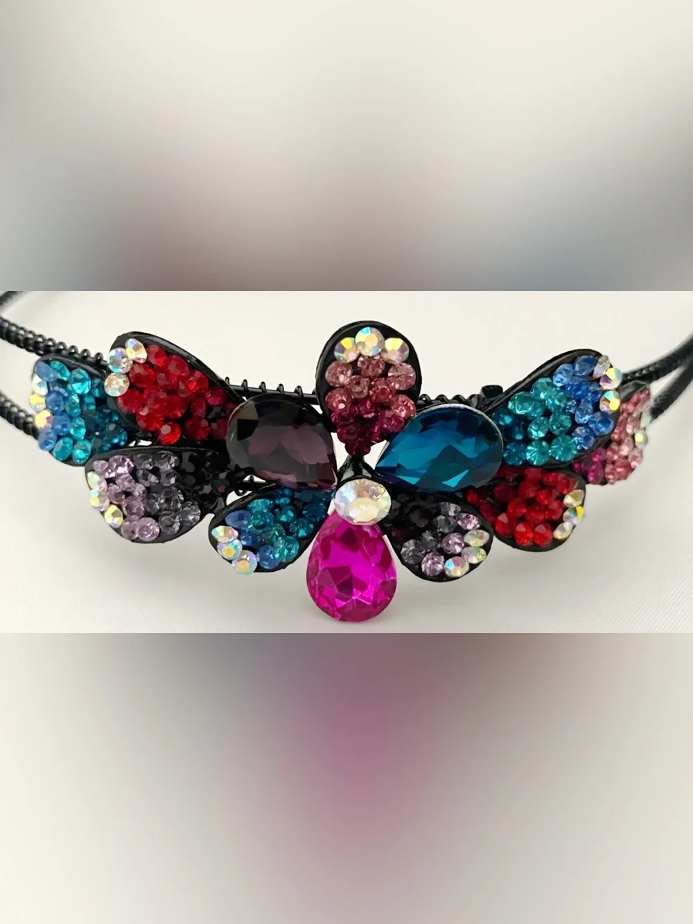 Crystal Floral Double-Band Headband in Pink, Teal, Red and Purple